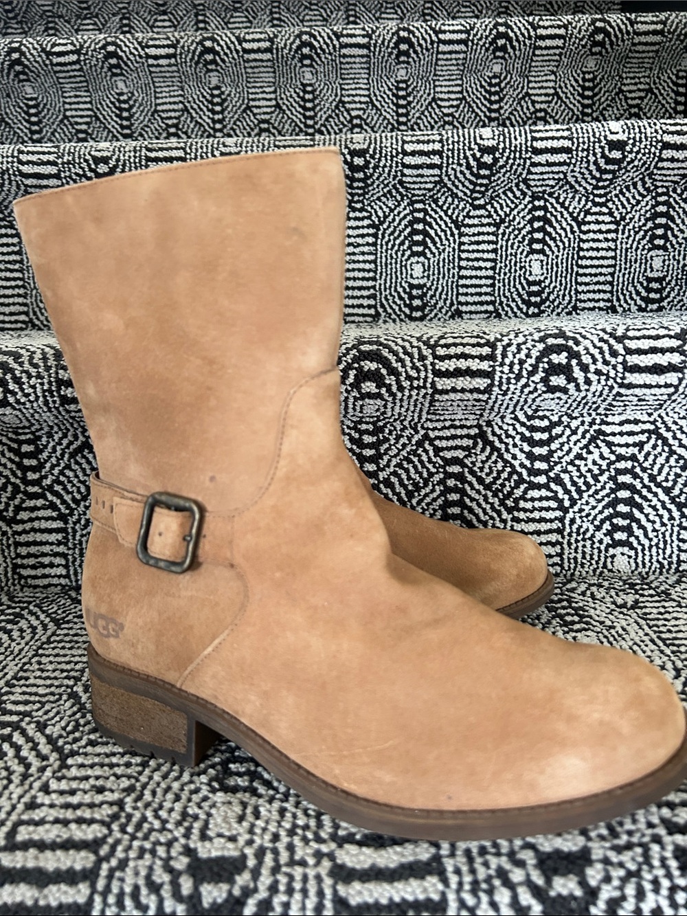 UGG Women's Tan Suede Mid-Calf Buckle Heeled Boots
